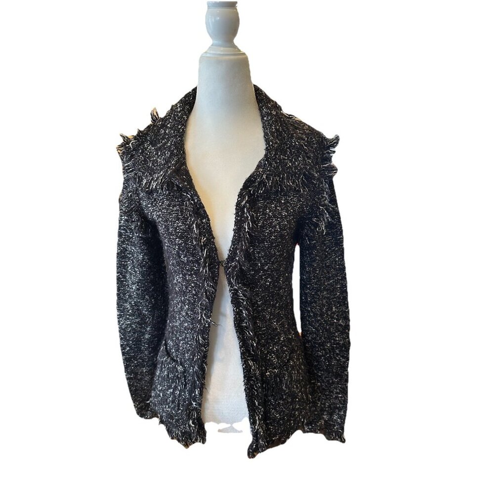 One Girl Who Women's XS Black & White Fringe Detail Open Front Cardigan